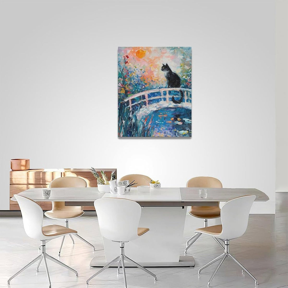 Quorin Black Cat Wall Art Water Lily Sunset Pictures Cat Wall Decor Impressionism Canvas Print