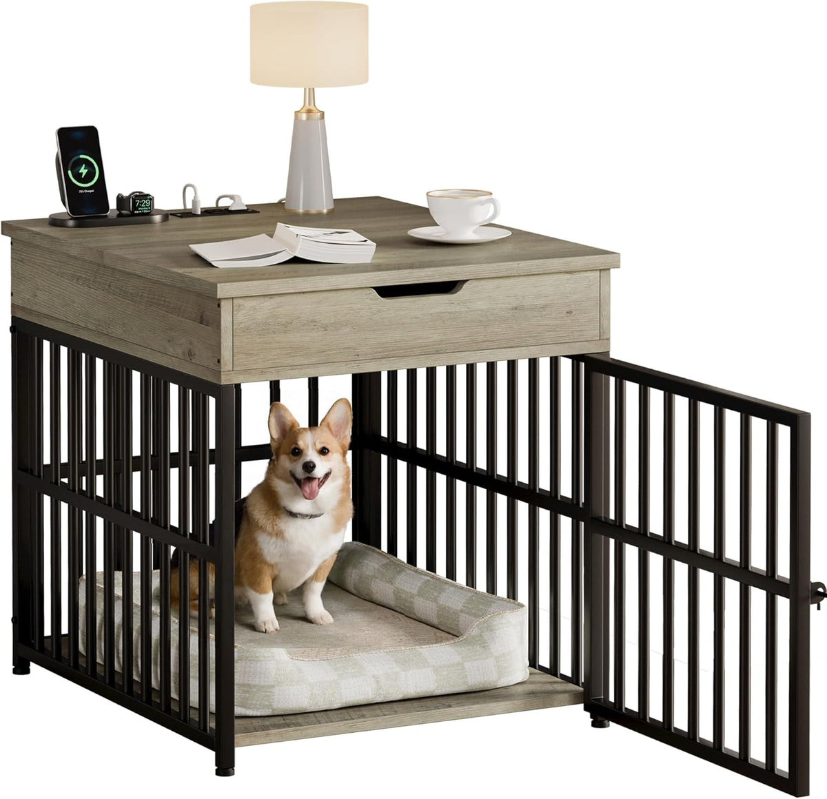 IRONCK Dog Crate Furniture for Small Dogs, Wooden Dog Kennel with Flip Top Drawer, Indoor Pet Crate