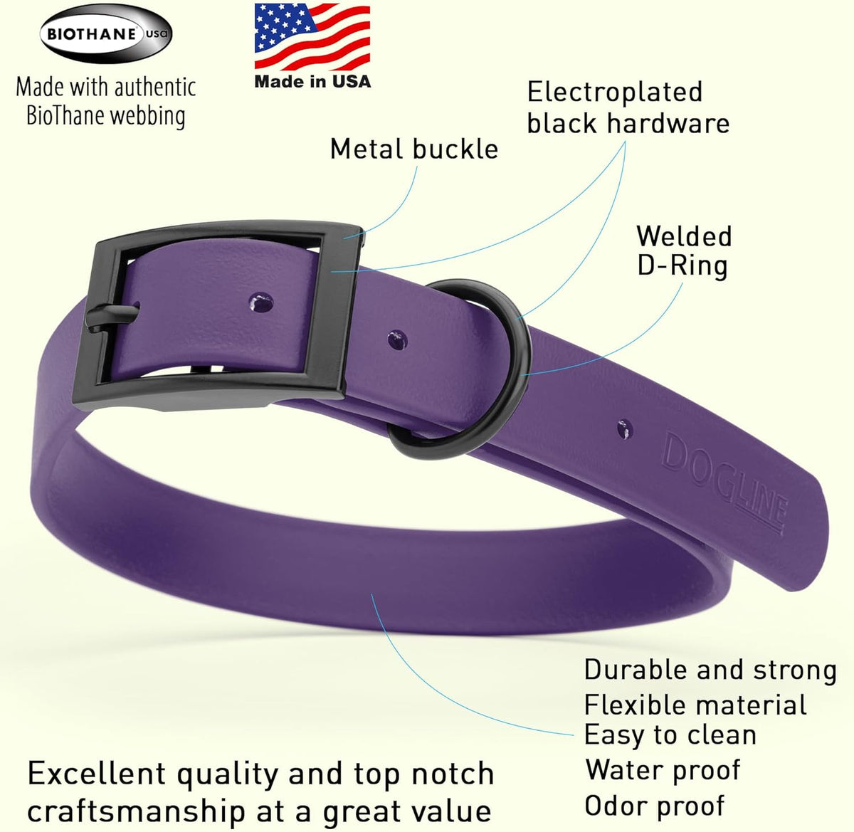 Dogline Biothane Waterproof Dog Collar Strong Coated Nylon Webbing with Black Hardware Odor- Proof