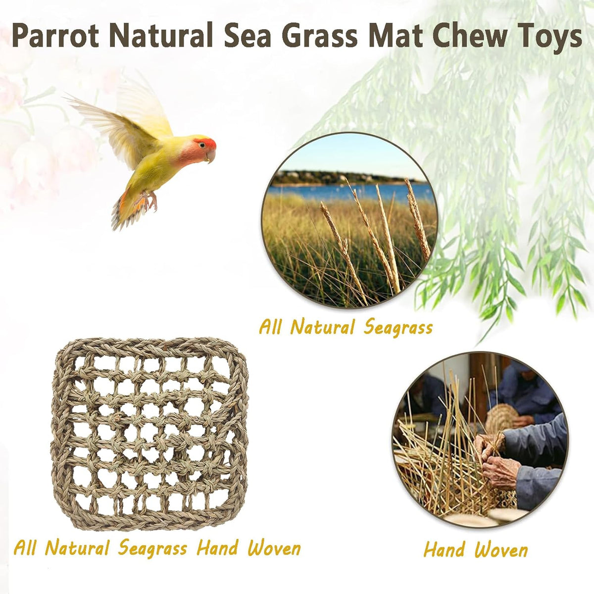 BNOSDM Bird Seagrass Mat, 3 PCS 7.1 x 7.1 Inches Parrot Natural Seagrass Woven Bird Net Hammock