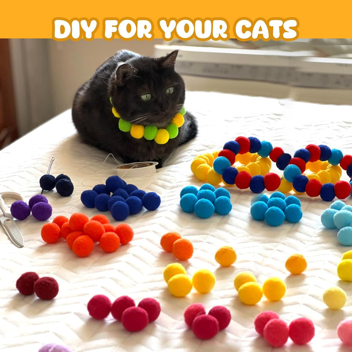 50Pcs Cat Toys Pom Pom Balls with 1 Launcher Set, Interactive Cat Toy Stuff for Indoor Both Adult &