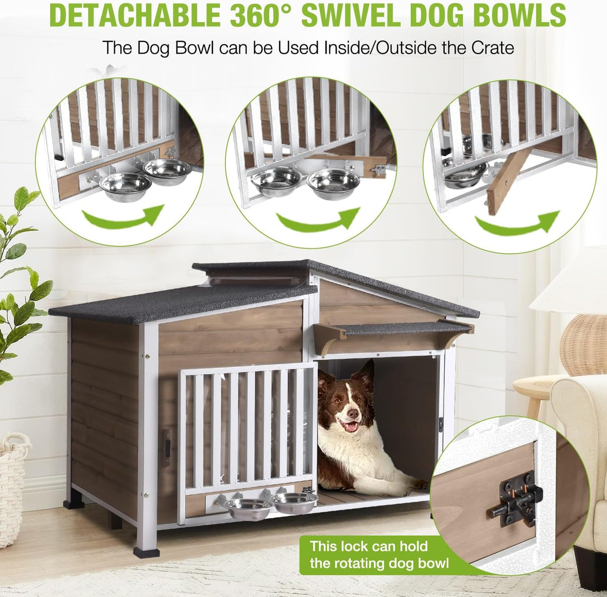 Dog House Outdoor with Bowls Weatherproof Dog Kennel with Anti-Chewing Iron Frame Dog Shelter for