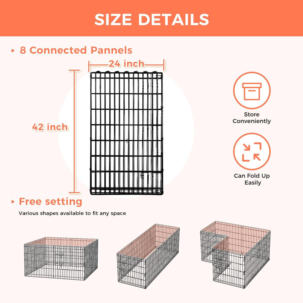 Foldable Dog Playpen 42" Height 8 Panels Metal Exercise Pen No Door - Indoor/Outdoor Dog Play Pen