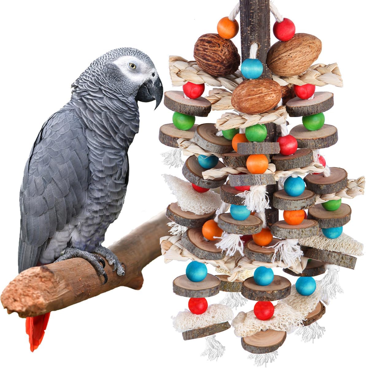 BBjinronjy Large Parrot Toys Bird Chewing Toys-Natural Nuts Corn Loofah Wooden Bird Cage Toy for