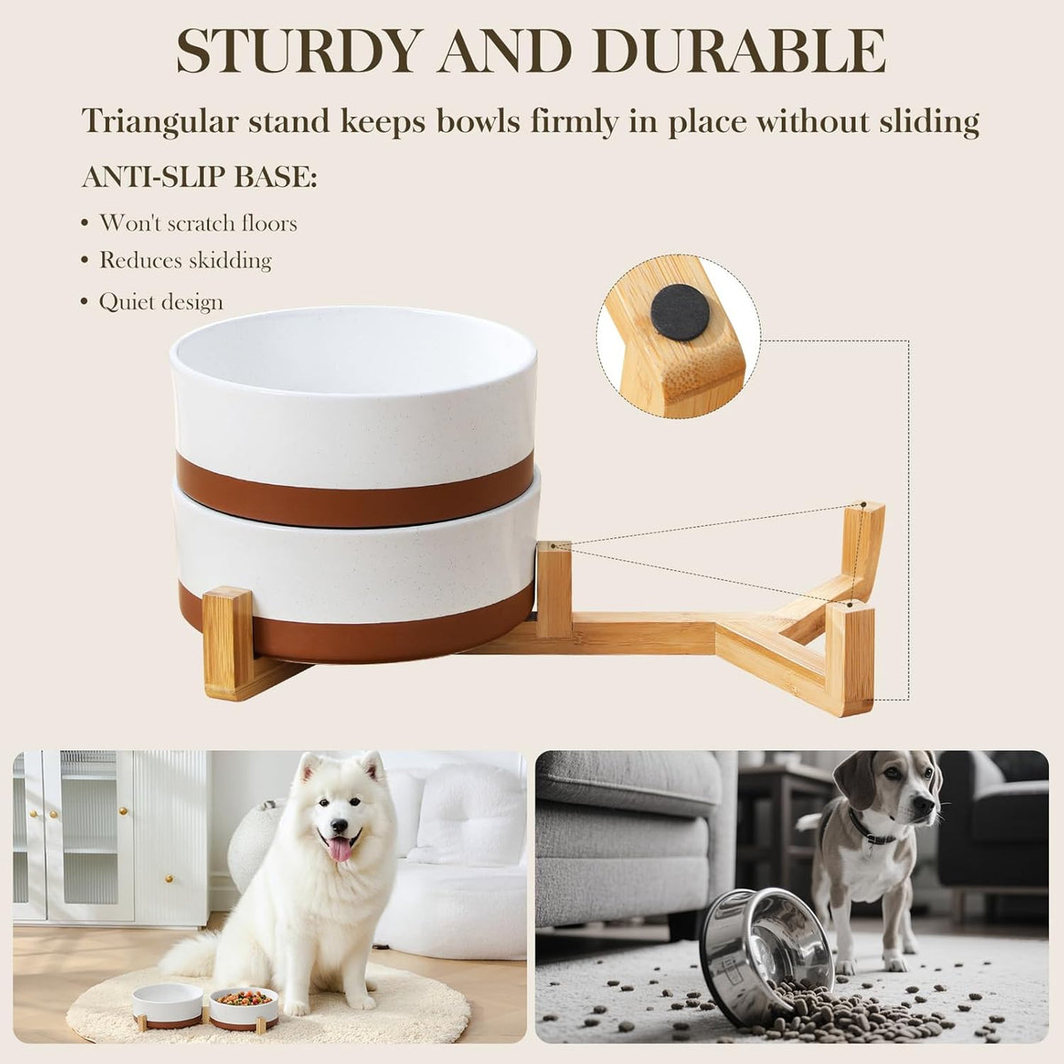 MALACASA Dog Bowls, Ceramic Dogs Bowls with Wood Stand Non-Slip, 6 Cups or 58 oz Capacity Dog Water