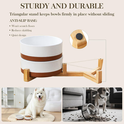 MALACASA Dog Bowls, Ceramic Dogs Bowls with Wood Stand Non-Slip, 6 Cups or 58 oz Capacity Dog Water