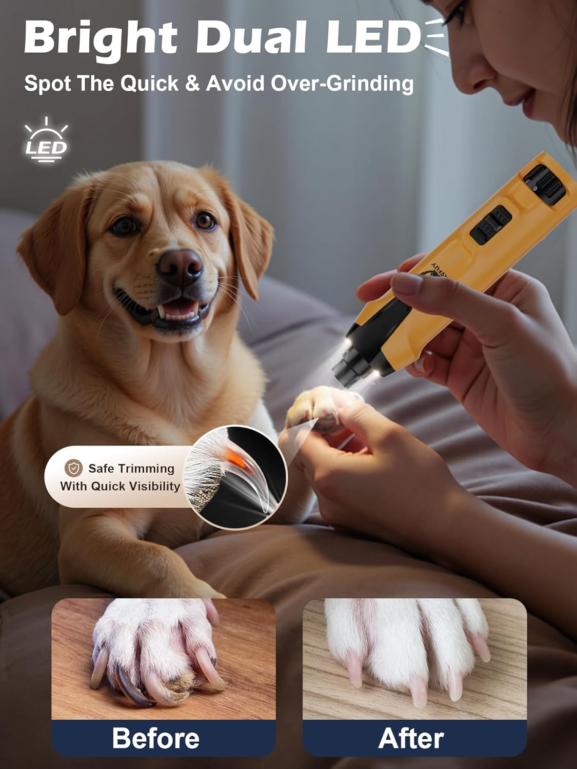Casfuy 6-Speed Dog Nail Grinder – 50%+ Boost Power Dog Nail Trimmers Quiet with Dust Cap & 2 LED