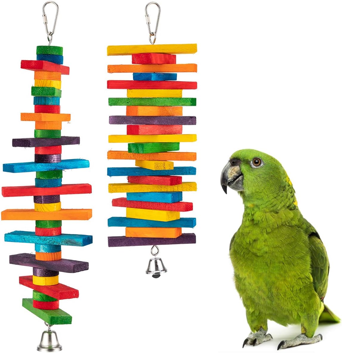 MEWTOGO 2 Pcs Bird Toys - Parrot Toys with Multicolored Natural Wooden Blocks, Chewing Sticks for