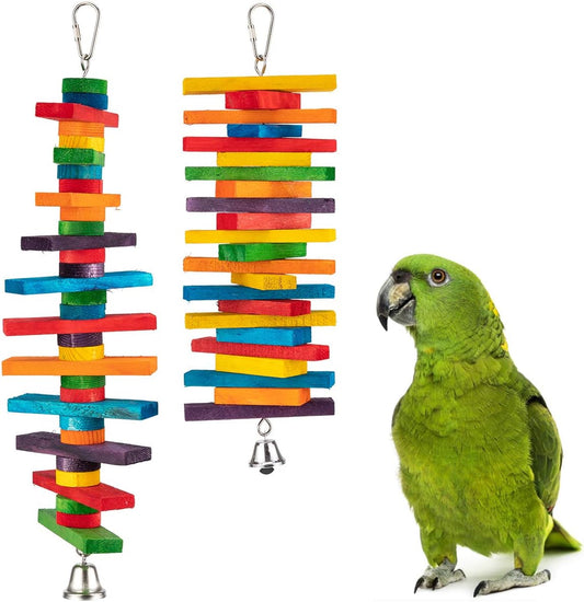 MEWTOGO 2 Pcs Bird Toys - Parrot Toys with Multicolored Natural Wooden Blocks, Chewing Sticks for