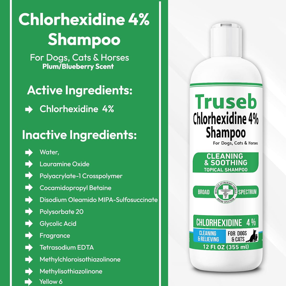 Truseb Topical Chlorhexidine 4% Shampoo for Dogs, Cats, and Horses with Plum/Blueberry Scent - 12