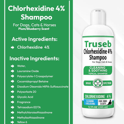 Truseb Topical Chlorhexidine 4% Shampoo for Dogs, Cats, and Horses with Plum/Blueberry Scent - 12