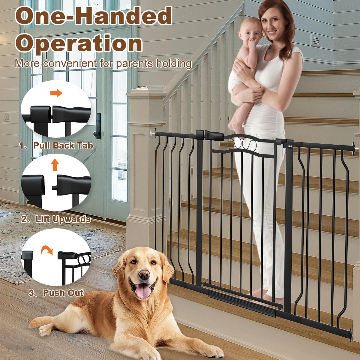 53.1-62.2" Extra Wide Baby Gate for Stairs No Drilling, 30" Tall Auto Close Press Mounted Baby Gate