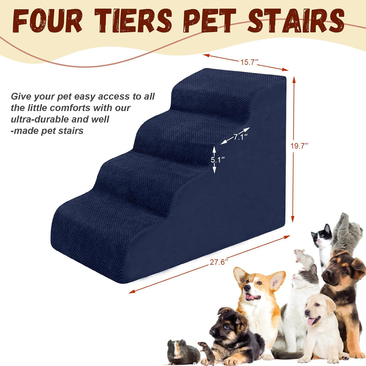 Dog Stairs for Small Dogs - High Density Foam Pet Steps, Extra Wide Dog Ramp with Non-Slip Bottom