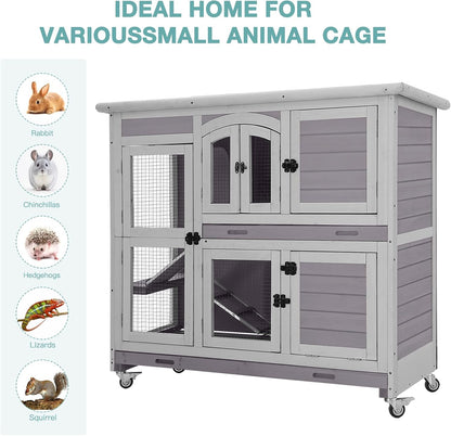 2-Tier Indoor Rabbit Hutch Bunny House Guinea Pig Cage with Sliding Plastic Trays, Wheels & Ramp