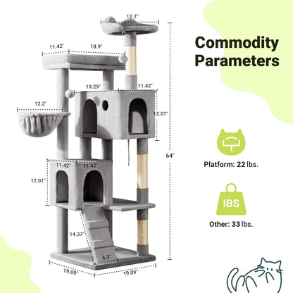 Allewie 64 Inches Cat Tree Tower/Multi-Level Activity Center for Indoor Big Felines/2 Plush