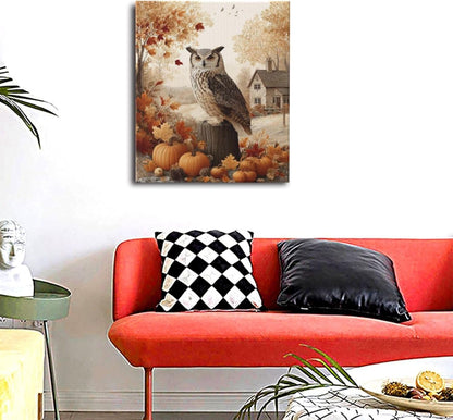 Fall Owl Wall Art Autumn Pumpkin Leaves Wall Decor Rustic Canvas Print Farmhouse Pictures Painting