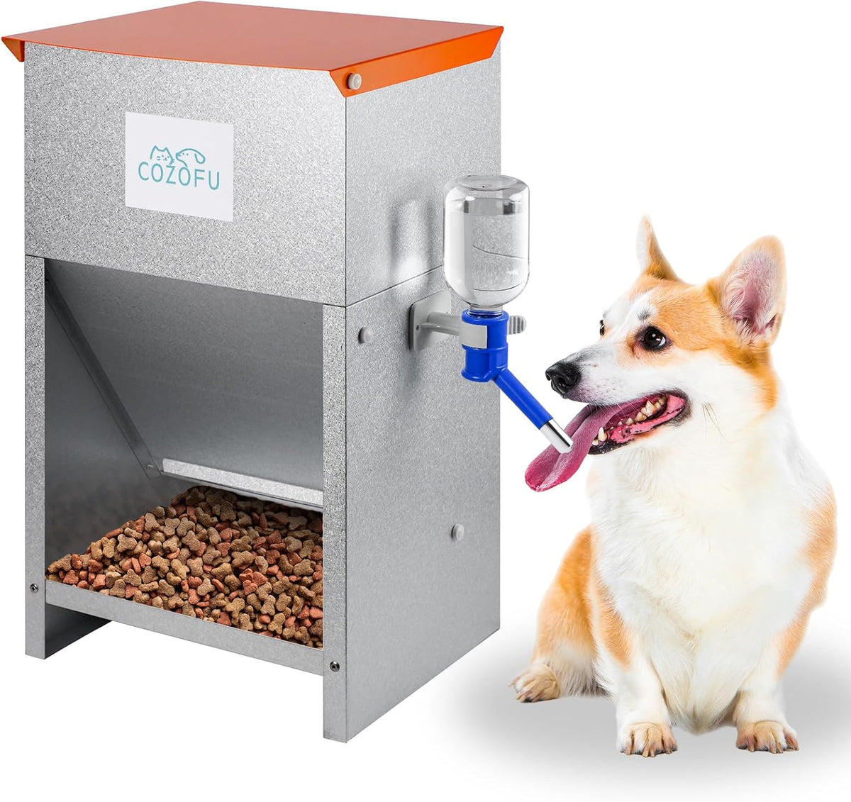 Automatic Gravity-Fed Dog Feeder with Water Bowl - Galvanized Steel Indoor/Outdoor Pet Food Station