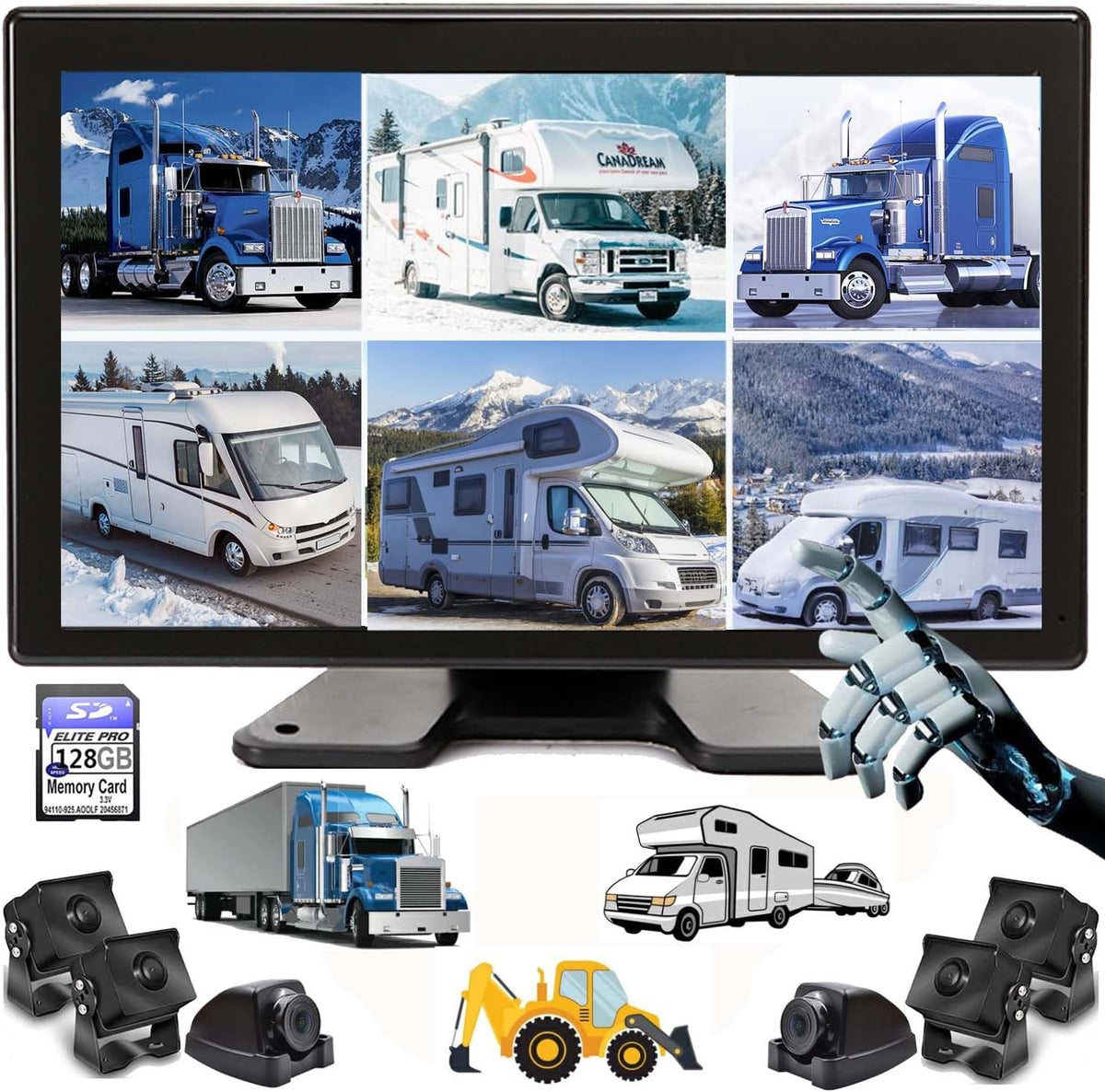 10.1" 1080P Backup Camera Monitor & Built-in DVR for RV Truck Trailer Rear Side Front Reversing