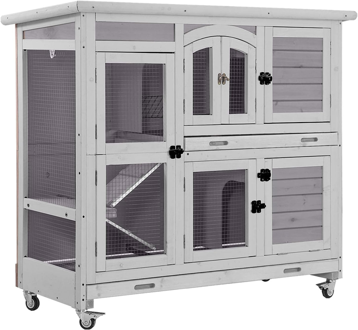 Aivituvin Rabbit Hutch Indoor, Bunny Cage with Wheels, 2-Story Design, 2 Deep Trays, Anti Slip