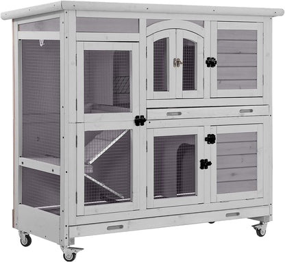 Aivituvin Rabbit Hutch Indoor, Bunny Cage with Wheels, 2-Story Design, 2 Deep Trays, Anti Slip