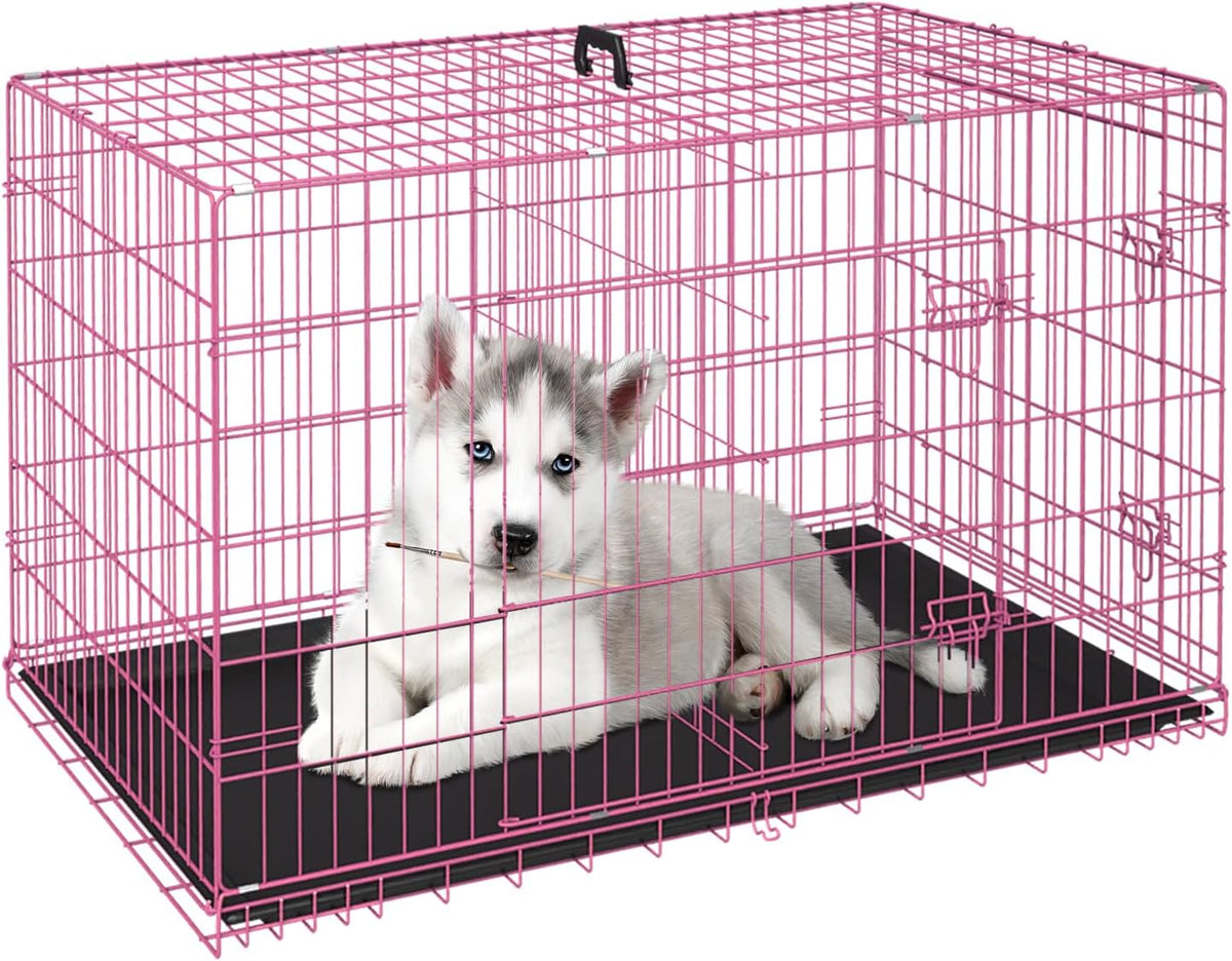FDW Dog Crate for Small Dogs 24 Inch Folding Metal WirePet Cage Double Door W/Divider Panel Indoor
