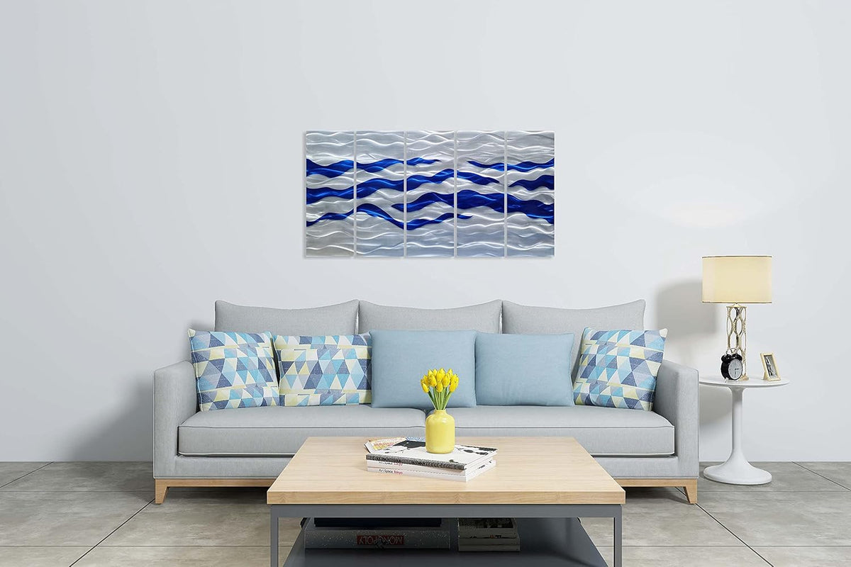 SYGALLERIER Abstract Coastal Metal Wall Art Handcrafted Big 3D Blue and Silver Artwork Modern Sea