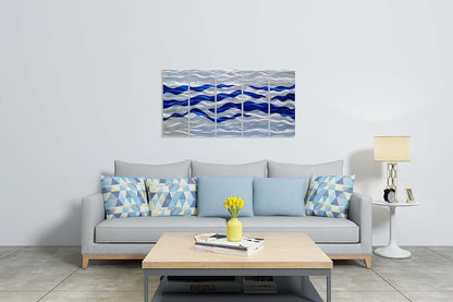 SYGALLERIER Abstract Coastal Metal Wall Art Handcrafted Big 3D Blue and Silver Artwork Modern Sea