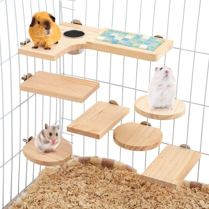 Set of 9 Wooden Hamster Cage Platform Chinchilla Ledges and L Shaped Round Hole Rat Cage