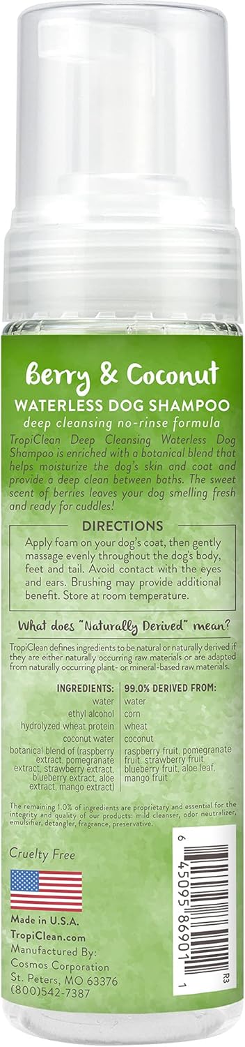 TropiClean No Rinse Waterless Dog Shampoo | Detangling and Deodorizing Dry Shampoo for Smelly Pets