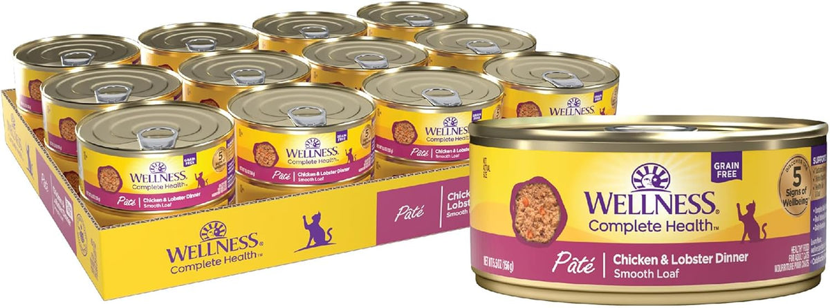 Wellness Complete Health Natural Grain Free Wet Canned Cat Food, Chicken & Lobster Pate, 5-Ounce