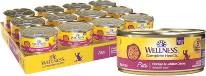 Wellness Complete Health Natural Grain Free Wet Canned Cat Food, Chicken & Lobster Pate, 5-Ounce