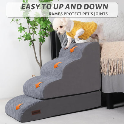 4-Step Dog Stairs and Ramp for Beds or Couches – Non-Slip Sturdy Pet Steps for Small Dogs and