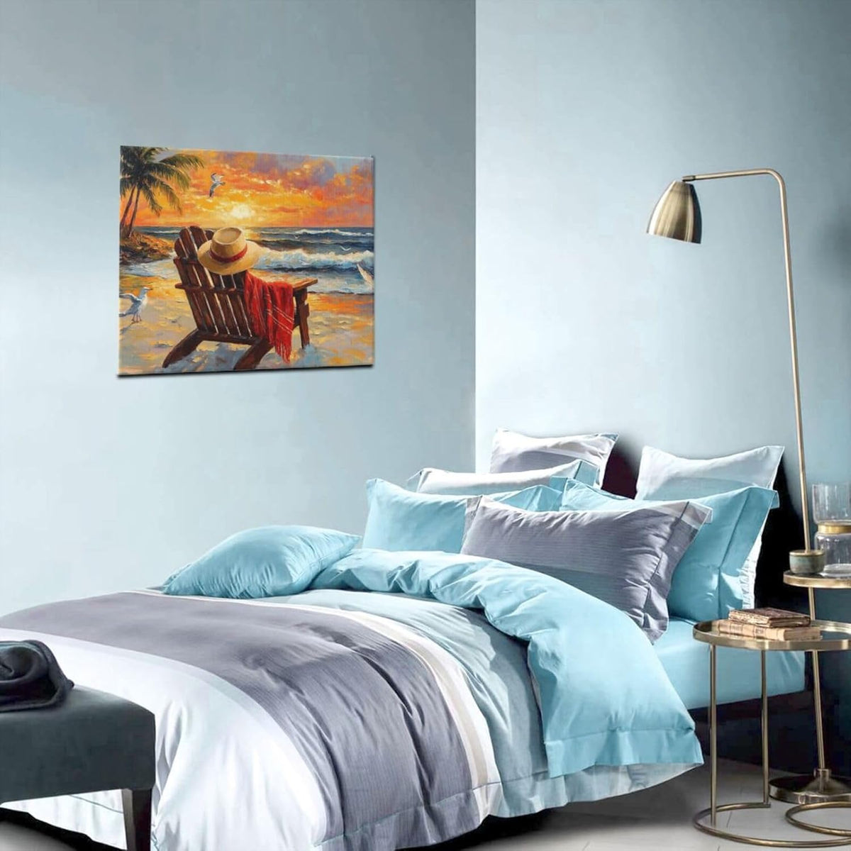 Beach Coastal Bathroom Pictures Wall Art, Seaside Ocean Bathroom Wall Decor, Sunrise Palm Framed