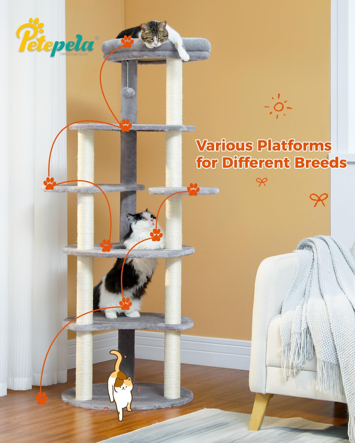 PETEPELA 61" Cat Tree for Indoor Cats, [6-Levels] Cat Climbing Tower with 9 Sisal Scratching Posts
