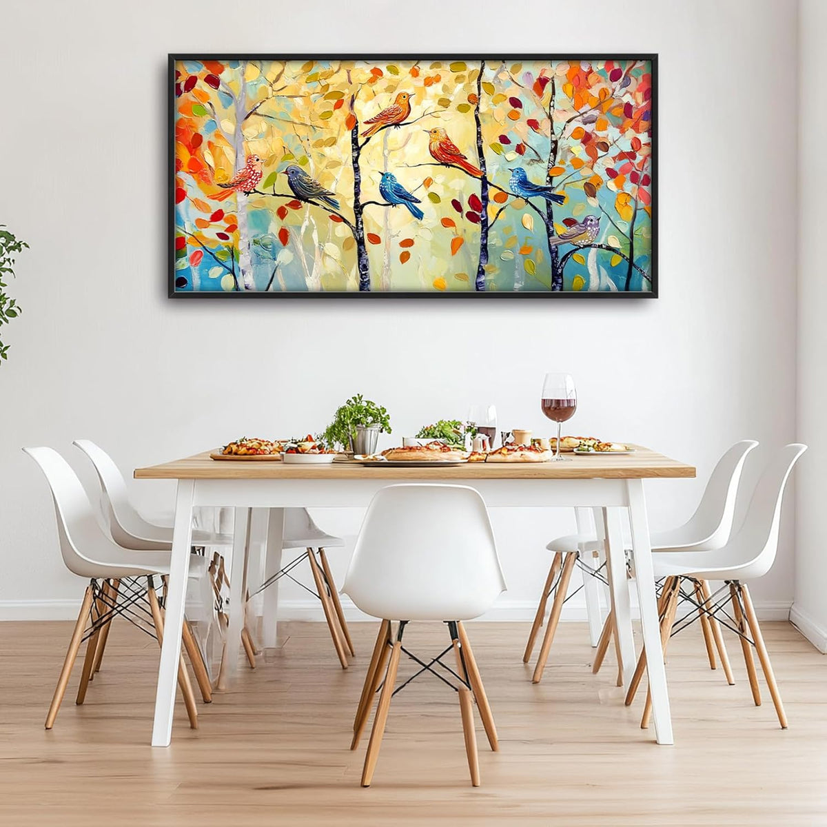 Extra Large Framed Abstract Bird Forest Wall Art,Colorful Birds Birch Tree Wall Decor Pictures for