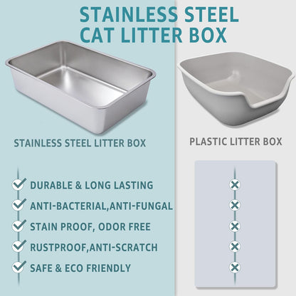 Stainless Steel Cat Litter Box 2 Pack,XL Metal Litter Box for Big Cats, Cat LitterBox Metal Pet