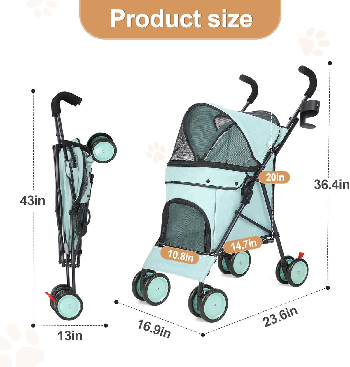 Umbrella Dog Stroller, 4 Wheels Pet Strolling, Foldable Carrier Pet Stroller for Small Dogs Cats
