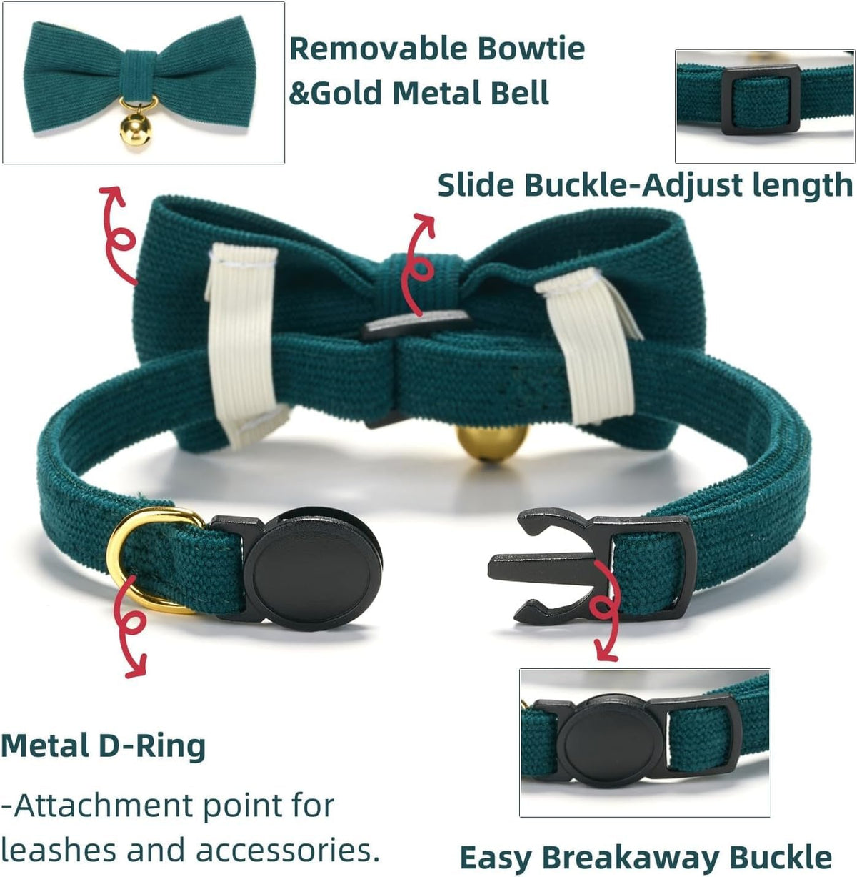 2 Pack Soft Corduroy Cat Collars with Bow Tie & Bell, Adjustable Breakaway Cotton Kitty Bowtie