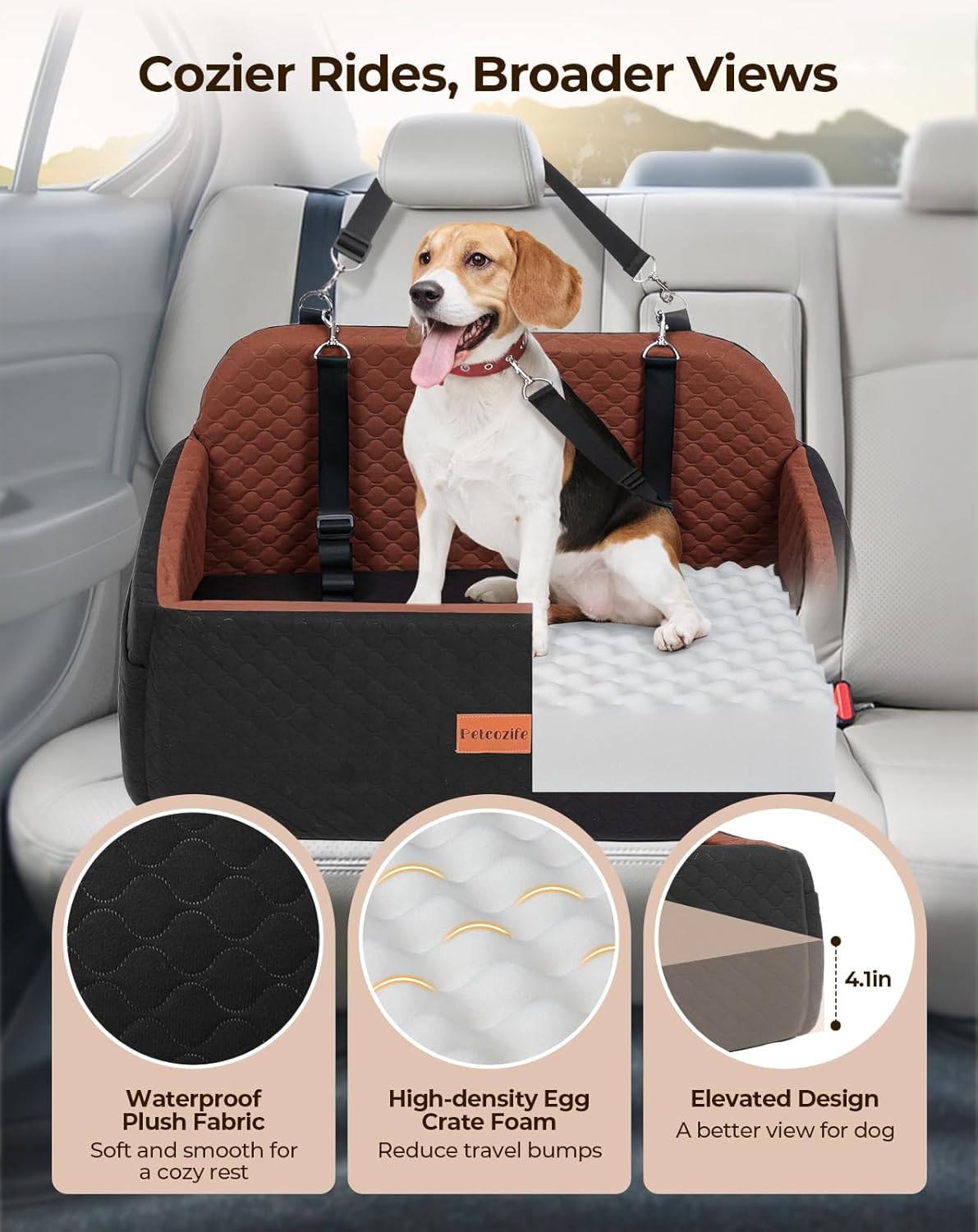Dog Car Seat for Large Medium Dogs, Pet Car Seat Under 55 lbs or 2 Puppies, Removable Washable Pets