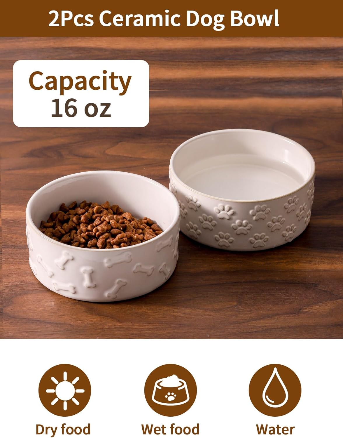 UBEE Ceramic Dog Bowl Set of 2, 5.1 inch Dog Food Bowl Dish with Bone or Paw Pattern, Pet Food