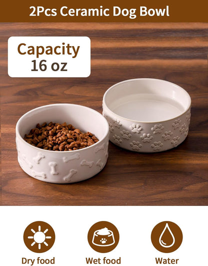 UBEE Ceramic Dog Bowl Set of 2, 5.1 inch Dog Food Bowl Dish with Bone or Paw Pattern, Pet Food