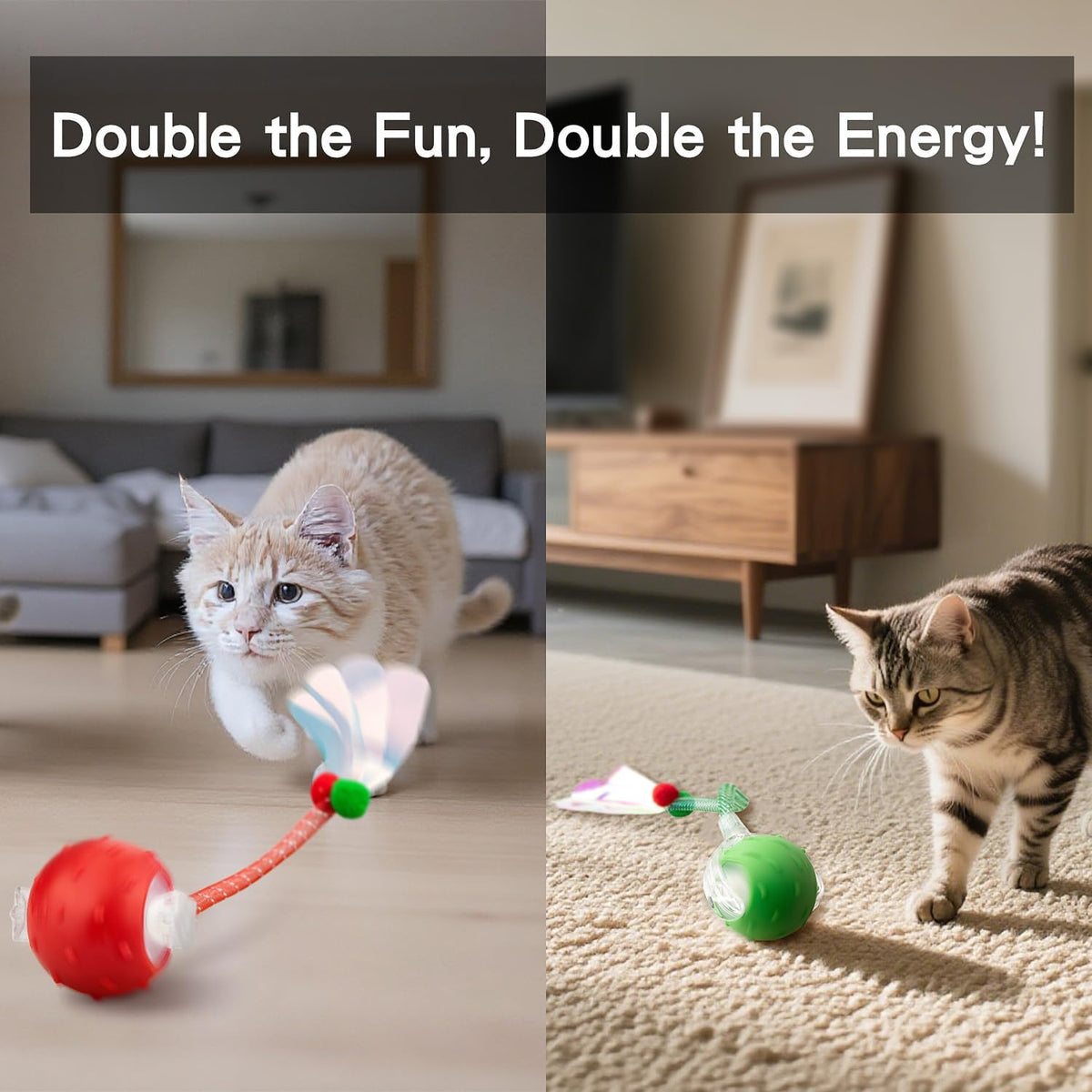 Red & Green Interactive Cat Toy Ball Combo – Automatic Agile Moving Cats Toys with 4 Tail