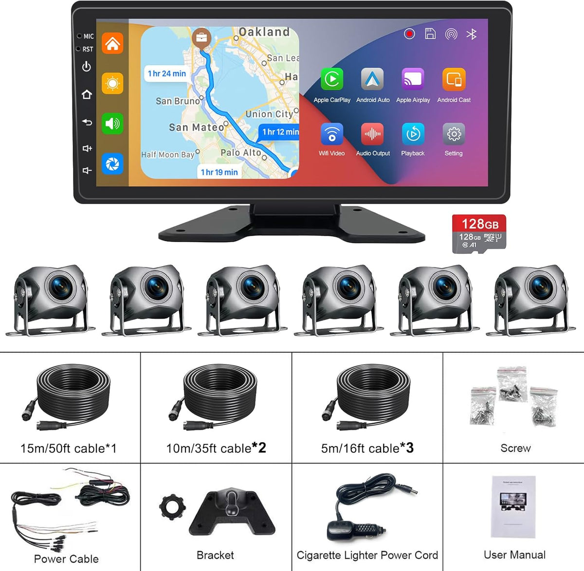 6 Channel Backup Camera System,1080P Rearview Camera with Carplay & Android Auto,GPS Navigation