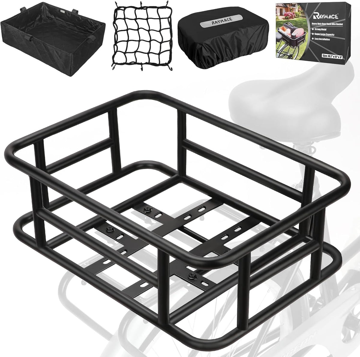 RAYMACE Rear Rack Bike Basket with Cargo Net and Liner Large Bicycle Basket Perfect Mount for