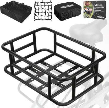 RAYMACE Rear Rack Bike Basket with Cargo Net and Liner Large Bicycle Basket Perfect Mount for