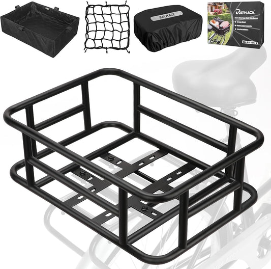 RAYMACE Rear Rack Bike Basket with Cargo Net and Liner Large Bicycle Basket Perfect Mount for