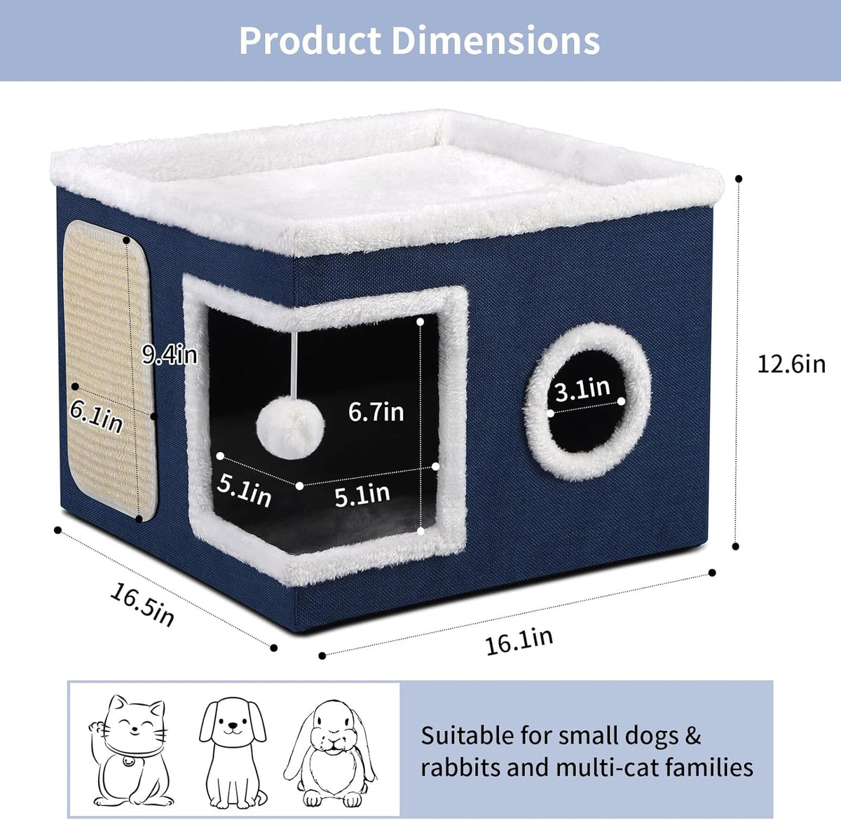 Cat House Bed for Indoor Cats, Large Cat Cave with Cozy Condo, Fluffy Hanging Ball, Scratch Pad