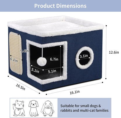 Cat House Bed for Indoor Cats, Large Cat Cave with Cozy Condo, Fluffy Hanging Ball, Scratch Pad