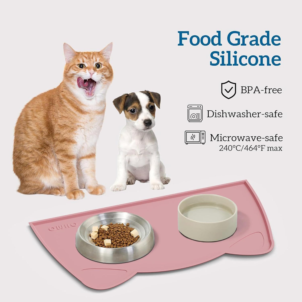 OHMO - Cat Food Mat, Silicone Pet Feeding Mat for Floor Non-Skid Waterproof Dog Water Bowl Tray