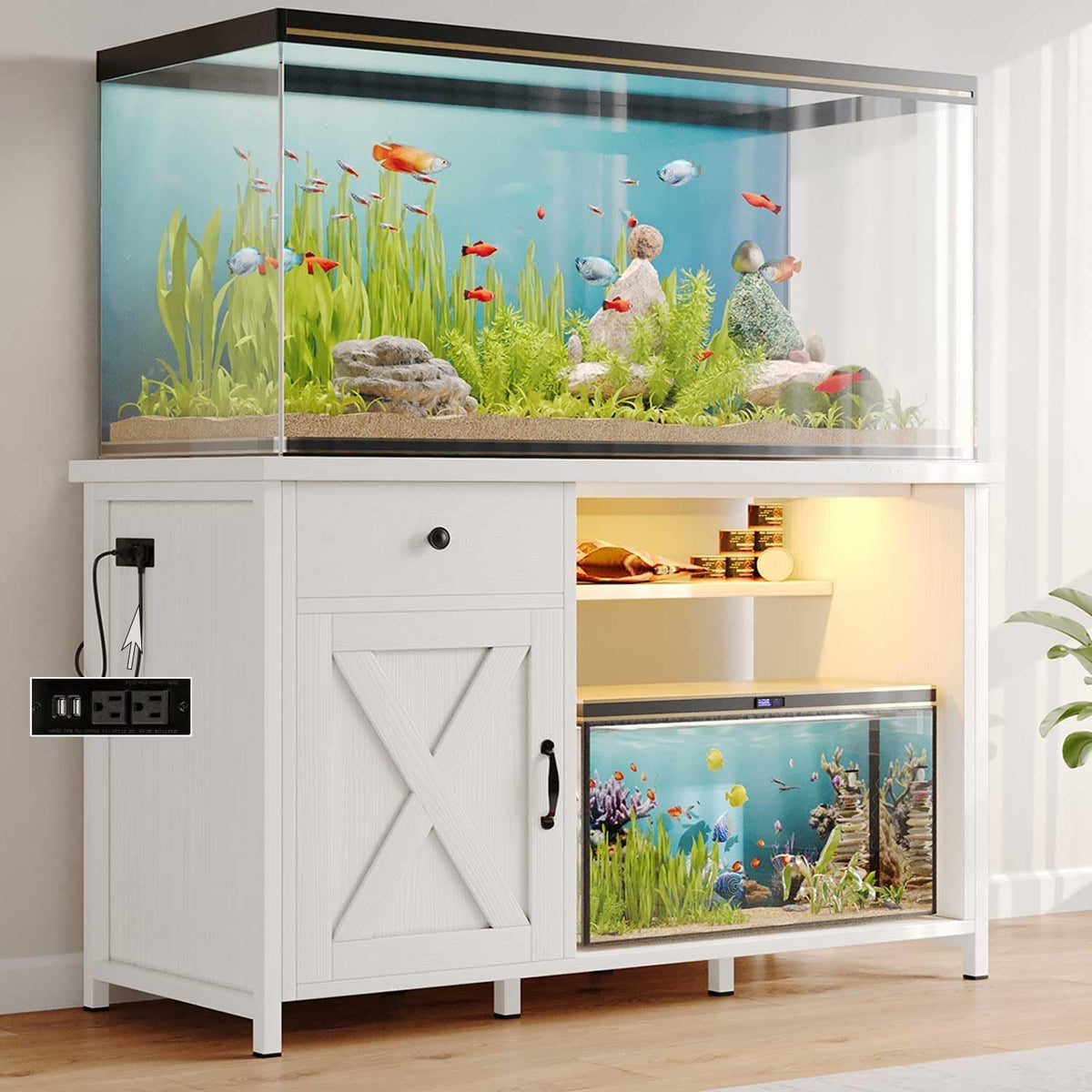 55 Gallon Fish Tank Stand with LED Light & Power Outlets, 55-75 Gallon Aquarium Stand with Drawer &